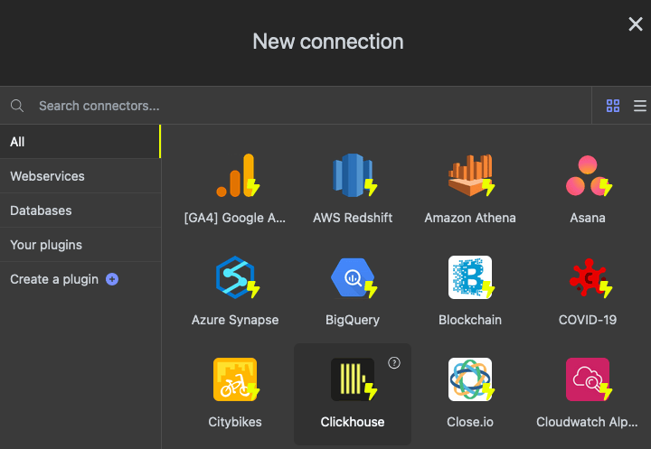 واجهة Luzmo تعرض مربع الحوار Create a New Connection مع تحديد ClickHouse