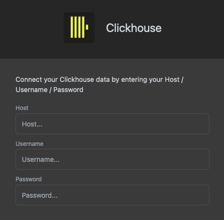نموذج تكوين اتصال Luzmo يعرض حقول مضيف ClickHouse واسم المستخدم وكلمة المرور