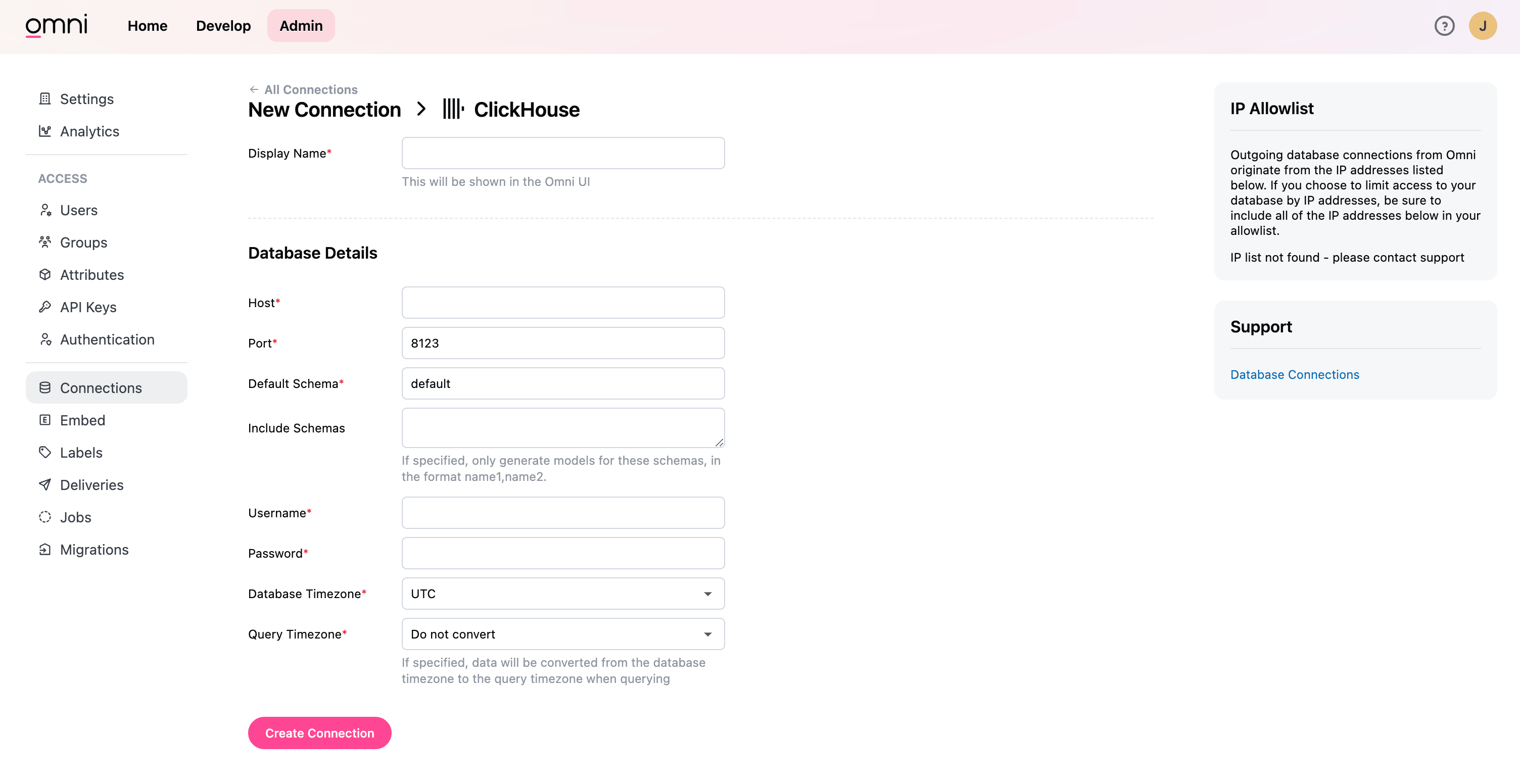 Omni connection configuration interface for ClickHouse showing credential form fields