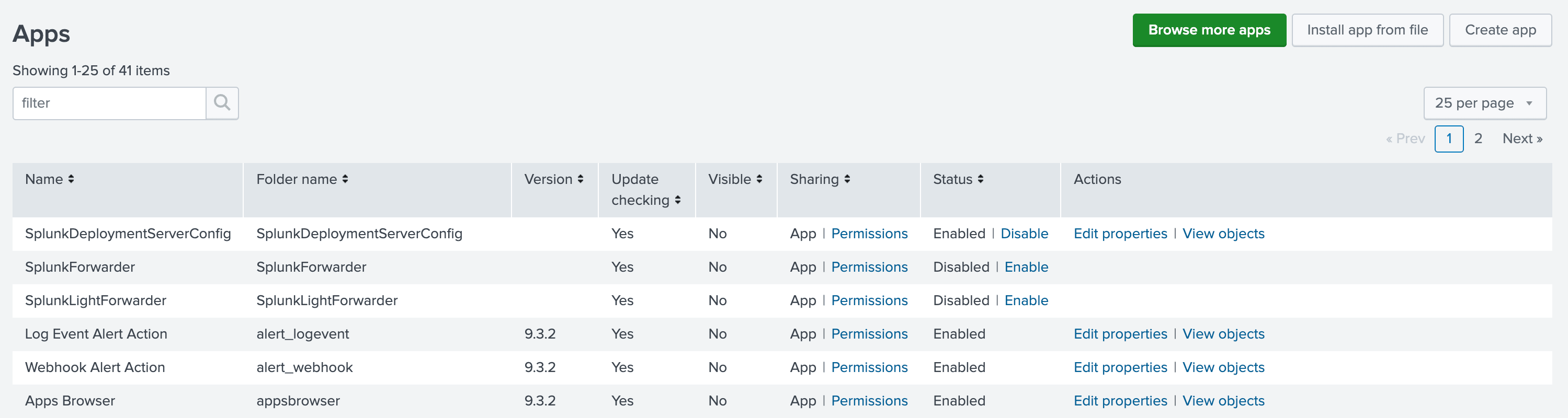 واجهة Splunk Enterprise تعرض صفحة إدارة Apps مع خيار Install app from file