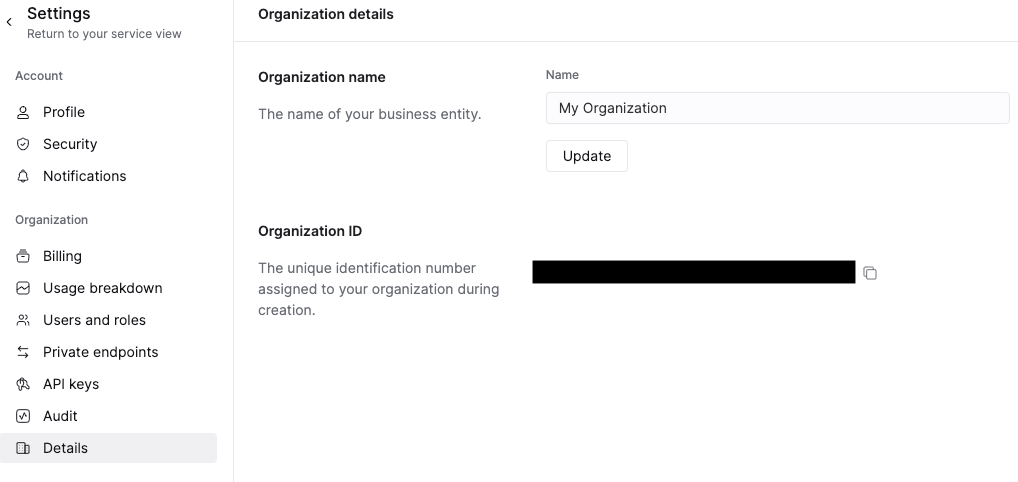 تعرض ClickHouse Cloud console صفحة Organization details التي تتضمن معرّف المؤسسة