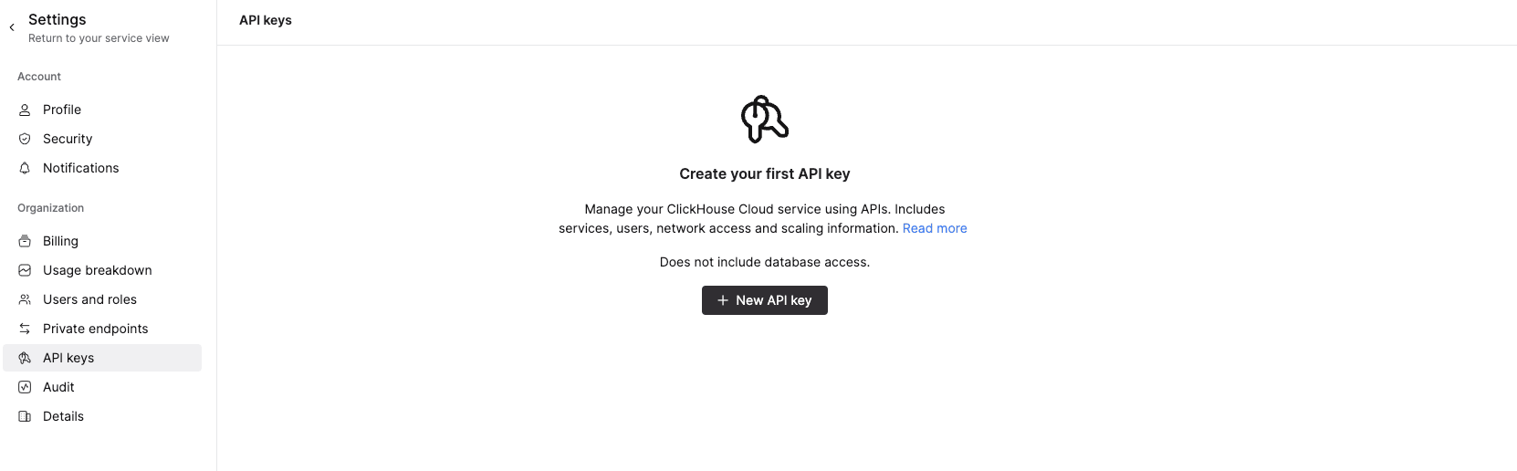 تعرض ClickHouse Cloud console قسم API Keys في قائمة التنقل اليسرى