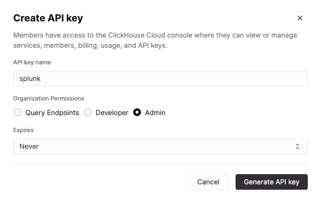 تعرض ClickHouse Cloud console واجهة إنشاء مفتاح واجهة برمجة التطبيقات مع تحديد صلاحيات Admin