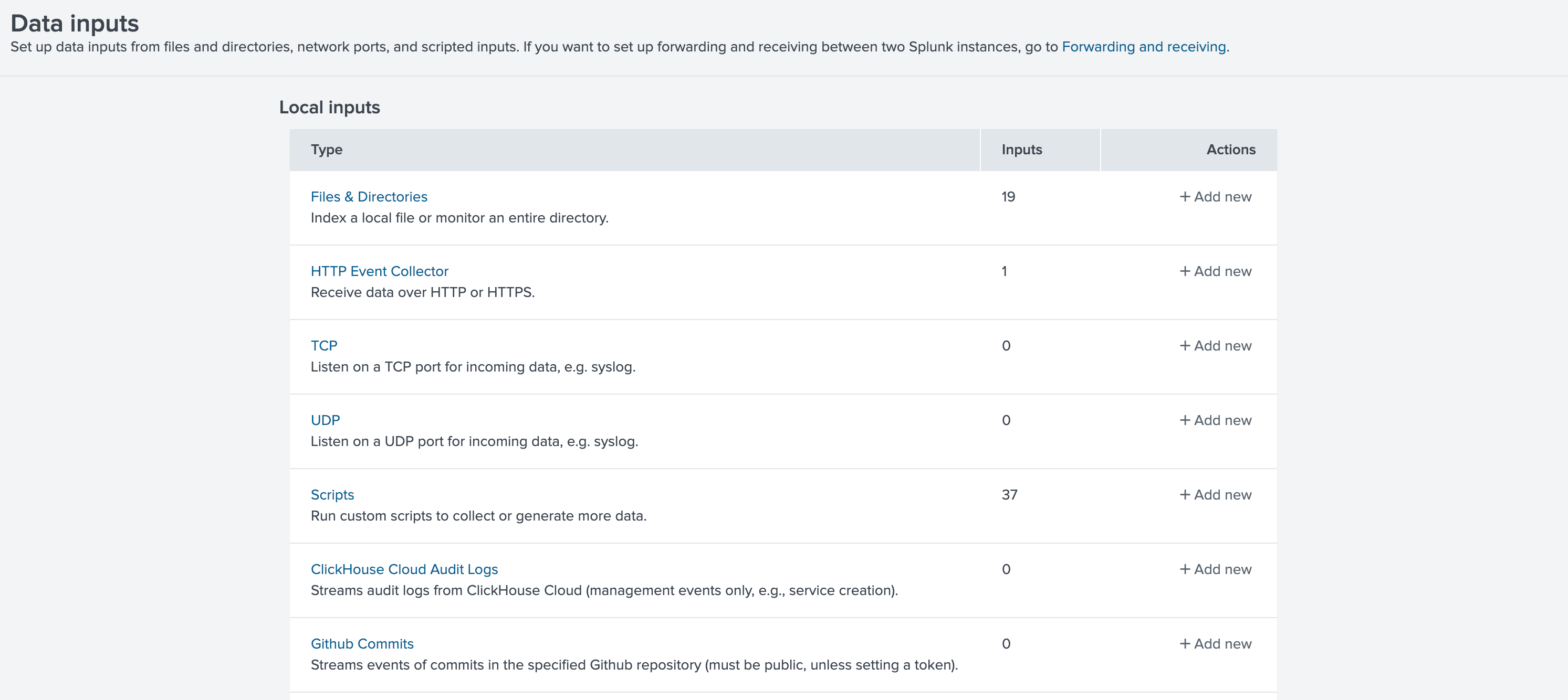 واجهة Splunk تعرض قائمة Settings مع خيار Data inputs