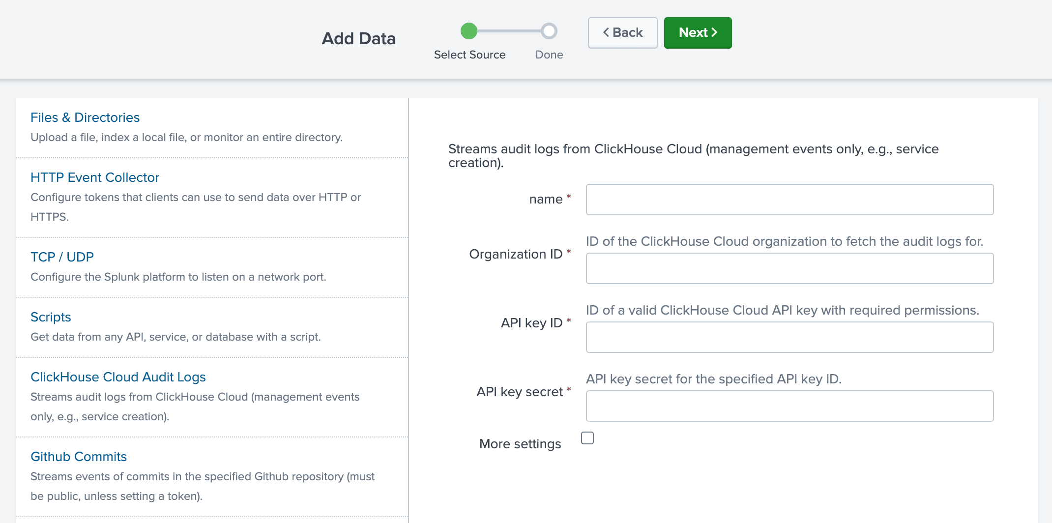 واجهة Splunk لتكوين إدخال بيانات جديد لـ ClickHouse Cloud Audit Logs