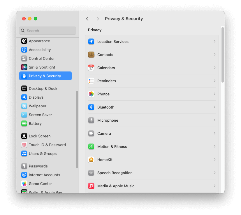 MacOS 隐私与安全设置默认视图