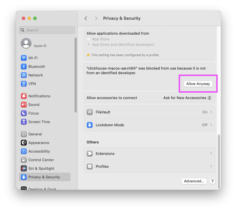 MacOS 隐私与安全设置中显示“仍要允许”按钮