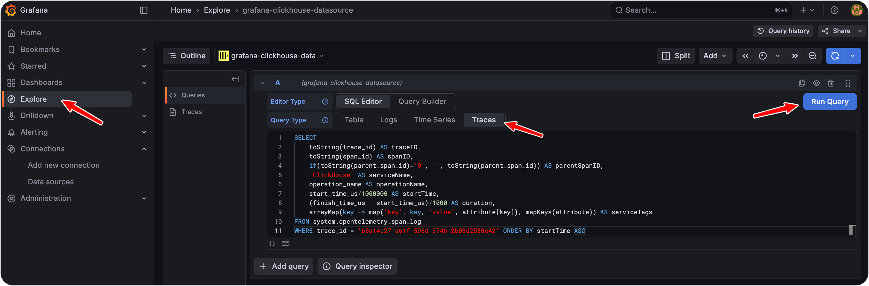 Visualização de traces do ClickHouse no Grafana