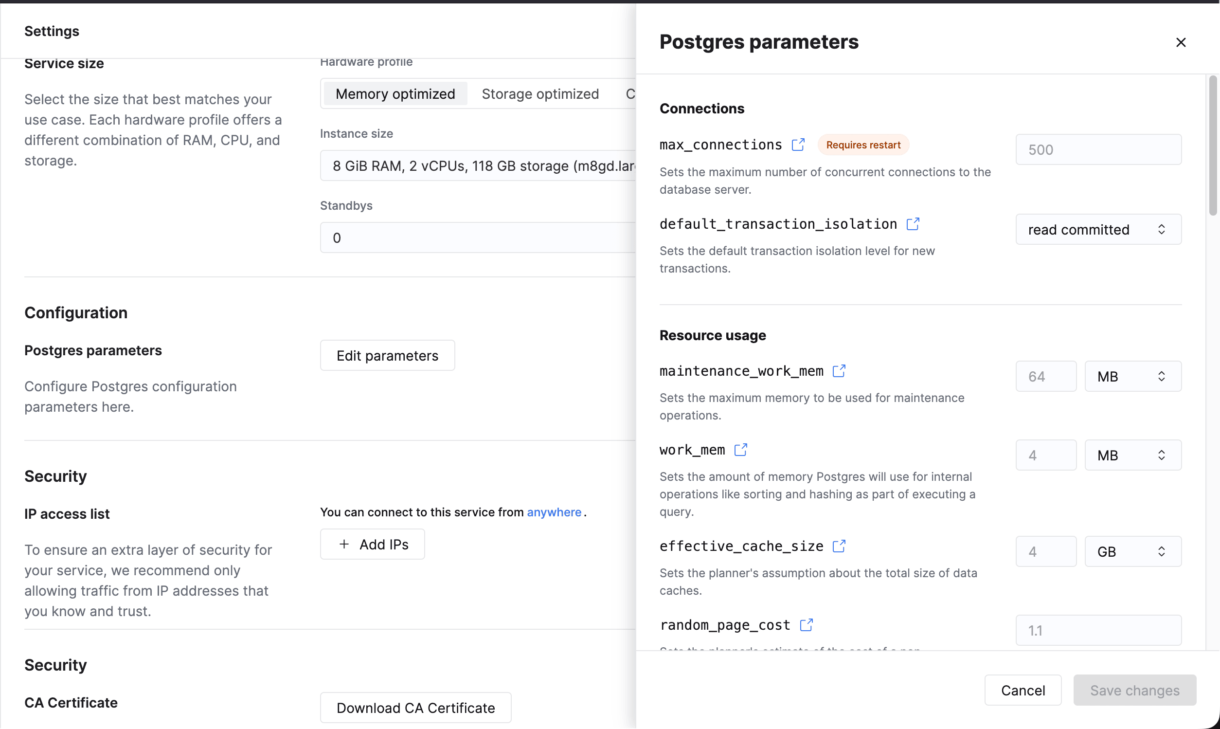 Configuración de parámetros de Postgres